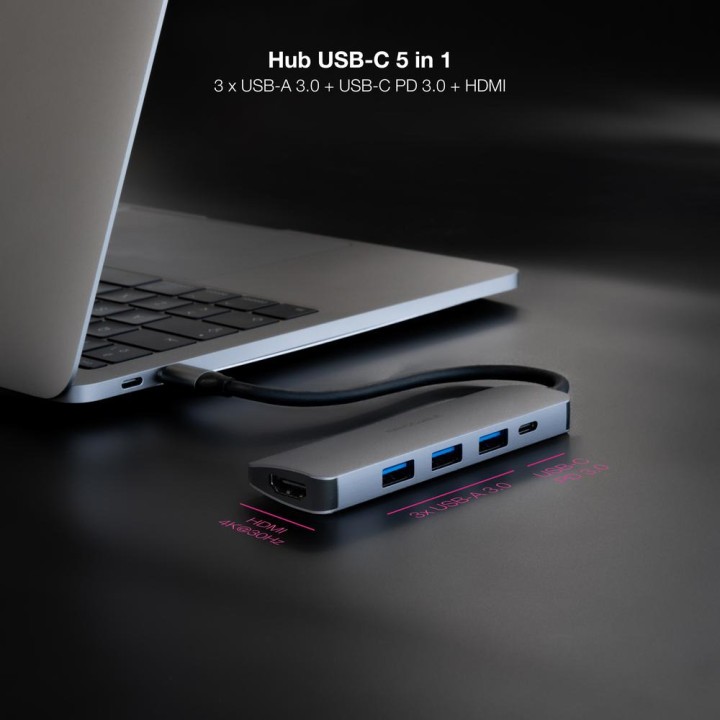 NANOCABLE Hub USB-C 5 in 1 in alluminio con HDMI e ricarica