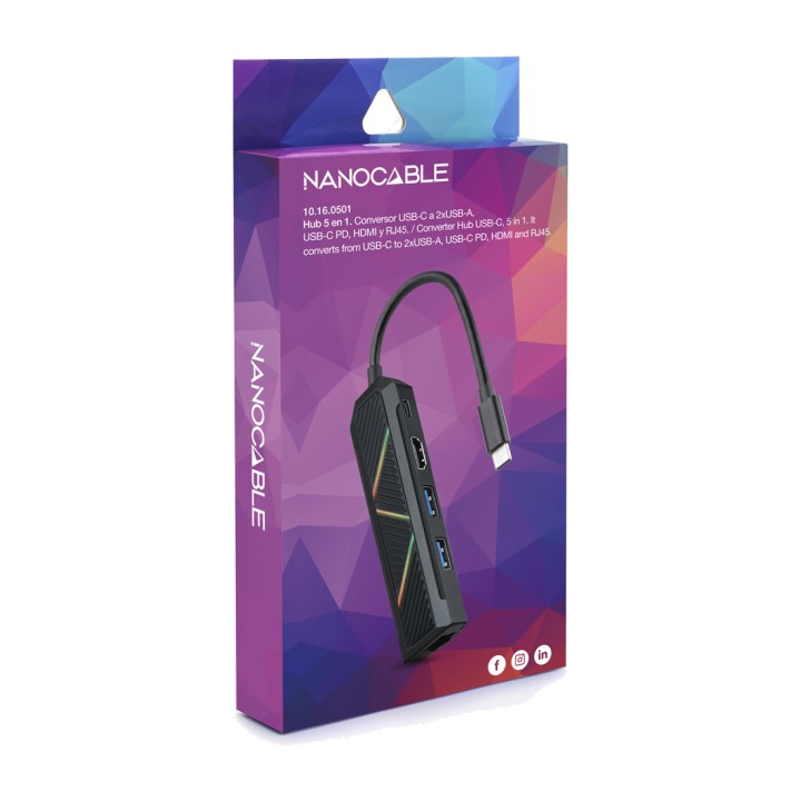 NANOCABLE Hub USB-C 5 en 1 con HDMI, red Gigabit y carga