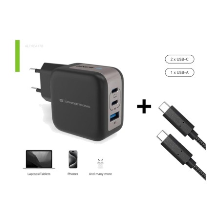 gan fali töltő három porttal és usb-c kábellel althea17b 67w 2xusb-c 1xusb-a