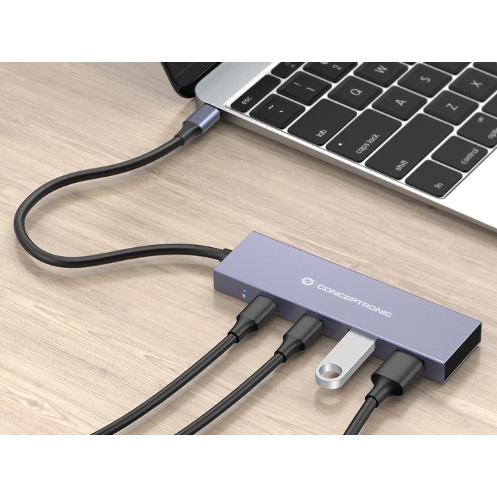 CONCEPTRONIC Hub USB-C ultrafino de aluminio con 4 puertos