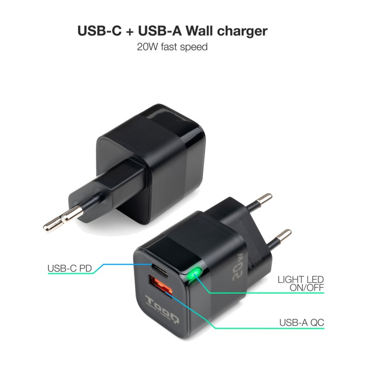 TOOQ Szybka ładowarka ścienna z portami USB C i A