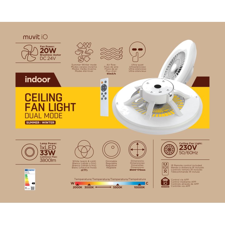 MUVIT Lámpara de techo LED inteligente con ventilador y