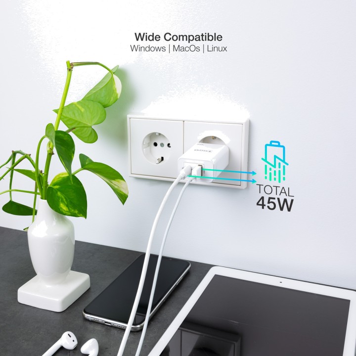 TOOQ Nástěnná nabíječka GaN s porty USB C a TQWC-GANQCPD45