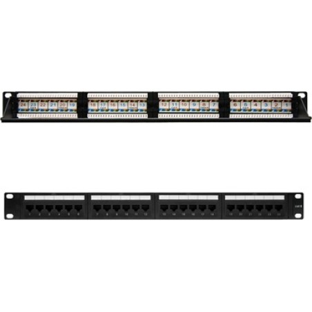 panel de parcheo para armario rack con 24 puertos rj45 cat6 utp 19" 1u