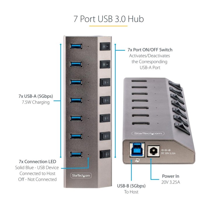 STARTECH.COM USB-Hub mit 7 Anschlüssen, Einzelschaltern und