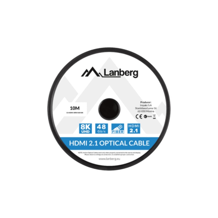 LANBERG Cable HDMI óptico activo con conectores macho AOC V2.1 8K 60HZ 10 M CA-HDMI30FB-0100-BK DSP0000032053