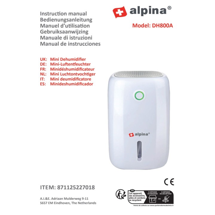 ALPINA Déshumidificateur compact 800 ML 22,5 W 99717