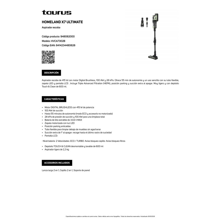 TAURUS Aspirateur balai sans fil 2 en 1 HOMELAND-X7 ULTIMATE