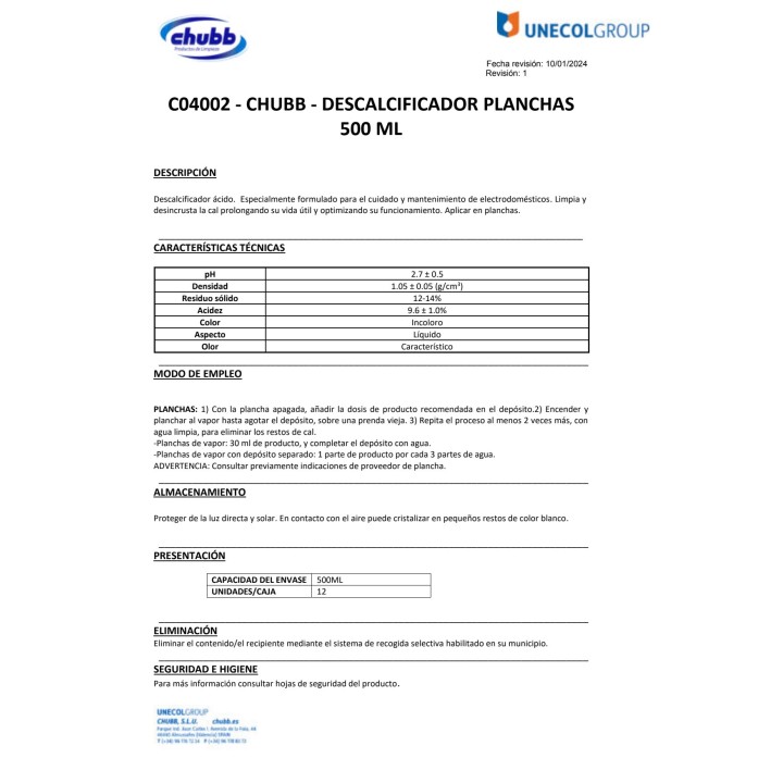 CHUBB Decalcificante per ferri da stiro a vapore 500 ML