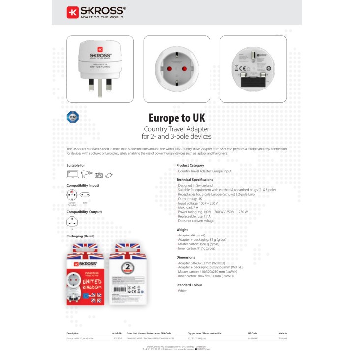 SKROSS Adaptateur de voyage Europe vers Royaume-Uni