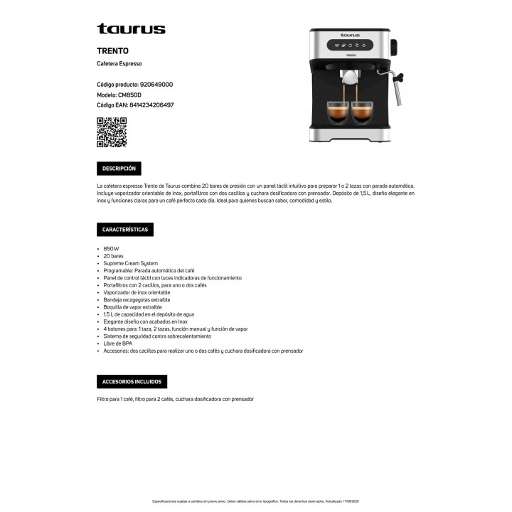 TAURUS Cafetera de hidropresión con vaporizador TRENTO-20BAR