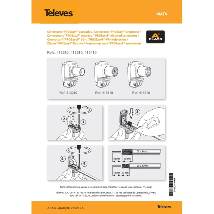TELEVES Angled, shielded coaxial cable connector PRO EASYF