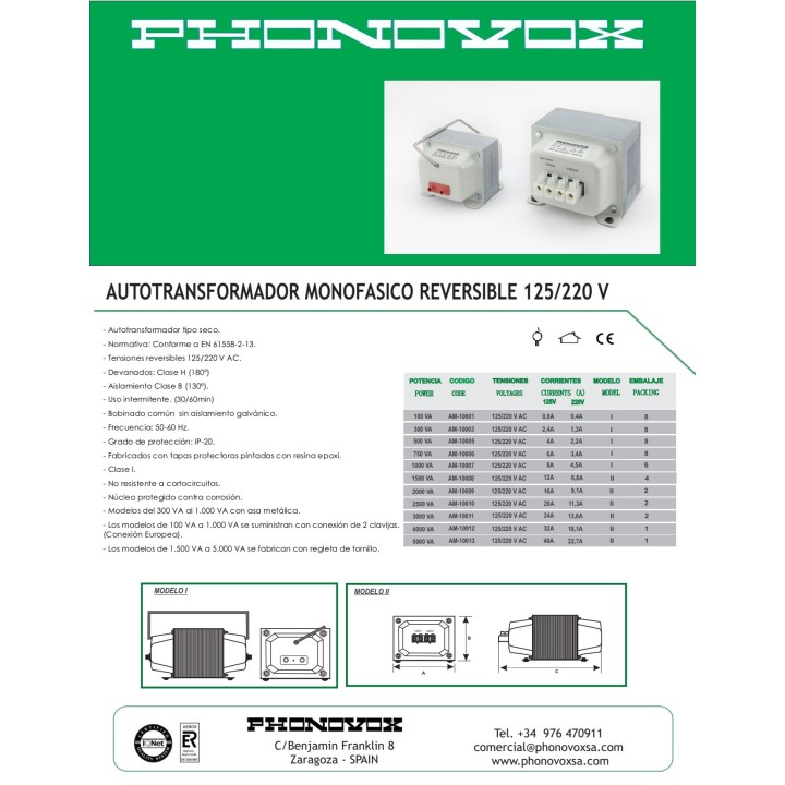 PHONOVOX Autotransformador reversible de tensión 1500 VA 1050 W 125-220V 31712