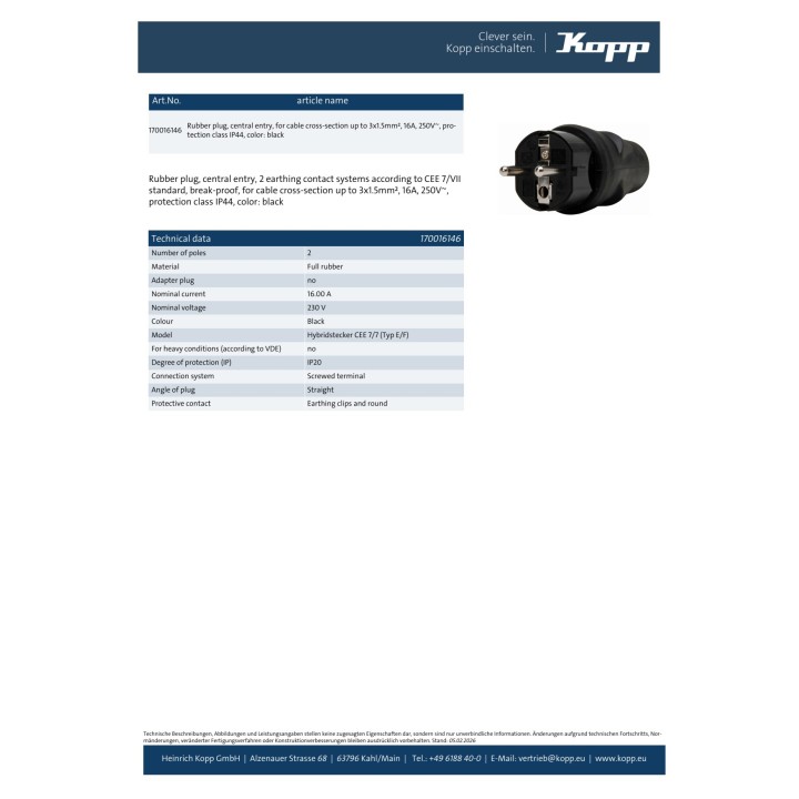 KOPP Clavija con toma de tierra 2P+T 16 A 250 V IP20 3X1,5