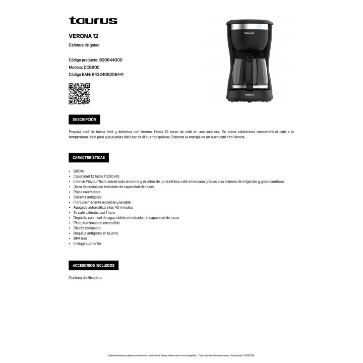 TAURUS Kapalni kavni aparat VERONA 12-TAZAS 680 W 57064