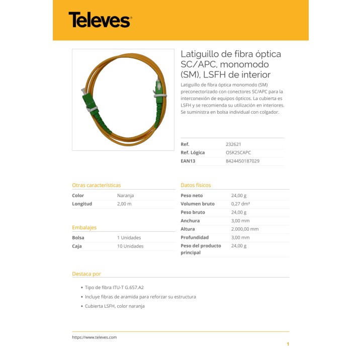 TELEVES Singlemode-Glasfaser-Patchkabel für den Innenbereich