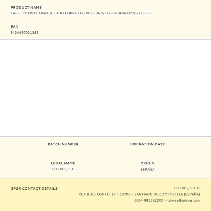 TELEVES Shielded copper coaxial cable sold by the metre RG6