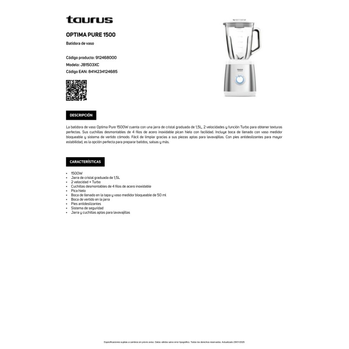 TAURUS Batidora de vaso con jarra de cristal MAGNUM-1500W