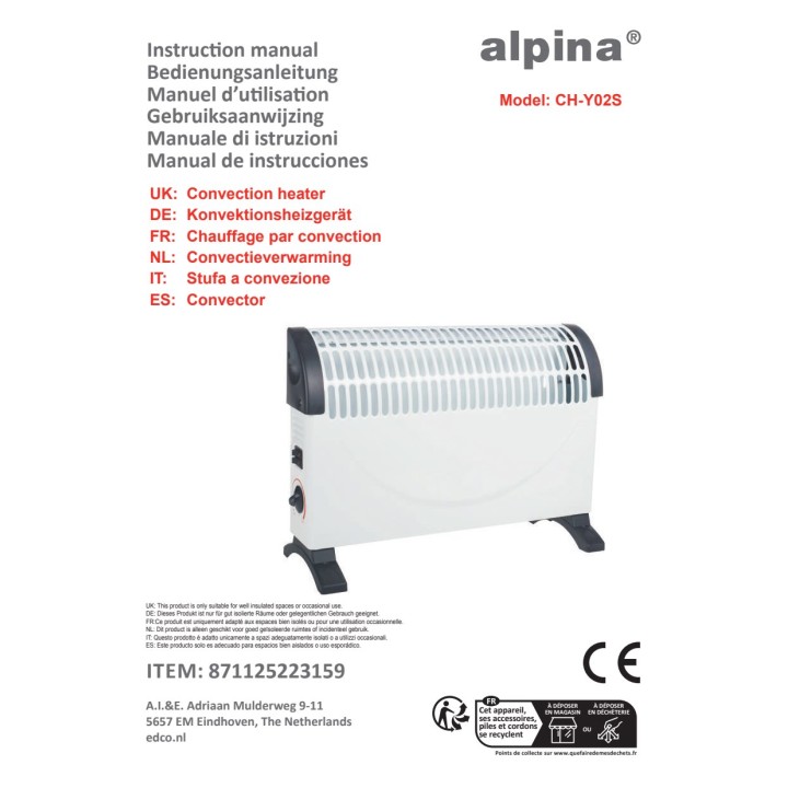 ALPINA Convector eléctrico con termostato y 3 potencias 650/850/1500W 33 CM 07047