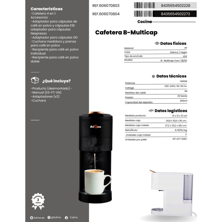 BAFFEN Multikapsulový kávovar 4 v 1 MULTICAP-1400W 20 BAR