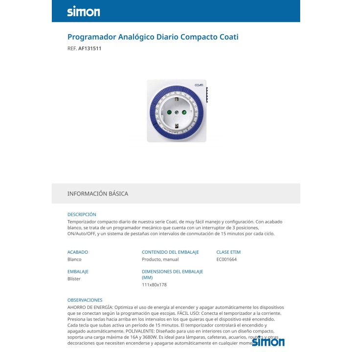 SIMON Programador analógico diario compacto 16 A IP20 (2UD)