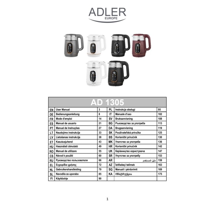 ADLER Hervidor de agua con control de temperatura y pantalla LED AD1305 2200 W 1,7 L 57069