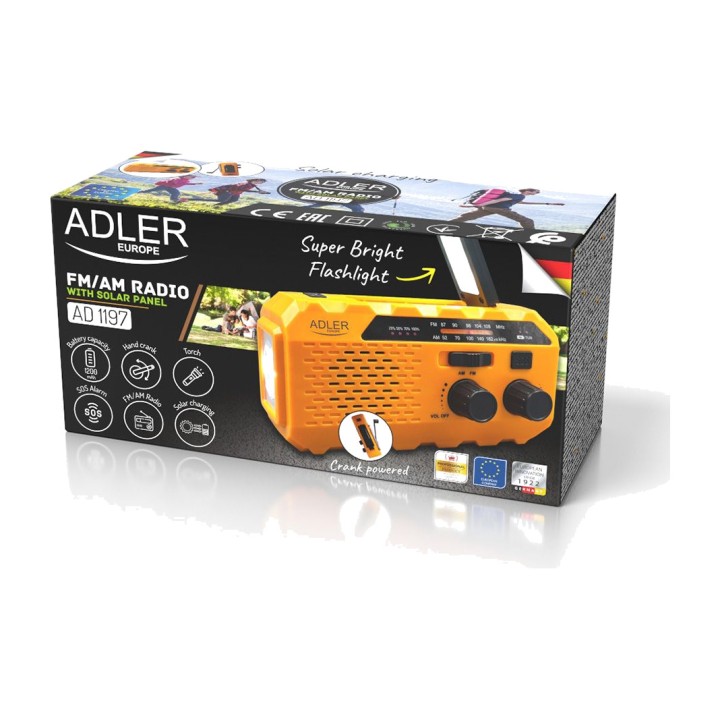 ADLER Radio portátil solar con manivela y linterna AD 1197 FM 1200 MAH 8 CM 51115