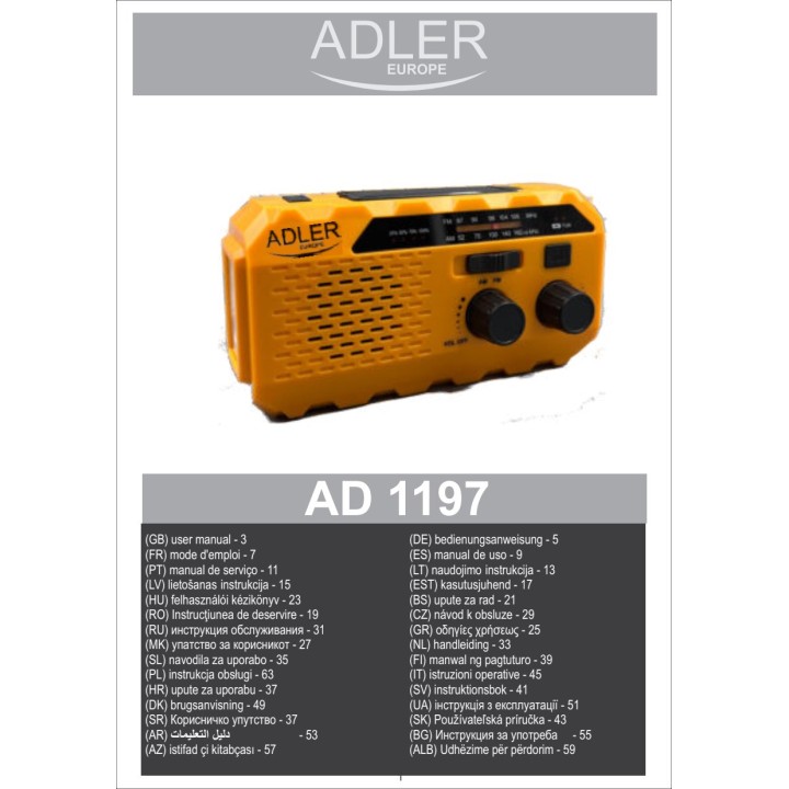 ADLER Radio portable solaire avec manivelle et lampe torche
