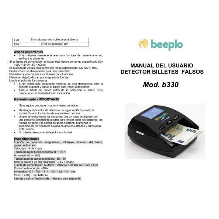BEEPLO Détecteur de faux billets multidevise évolutif B330