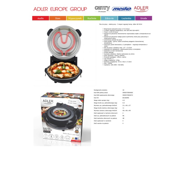 ADLER Horno eléctrico para pizza con piedra cerámica AD6314
