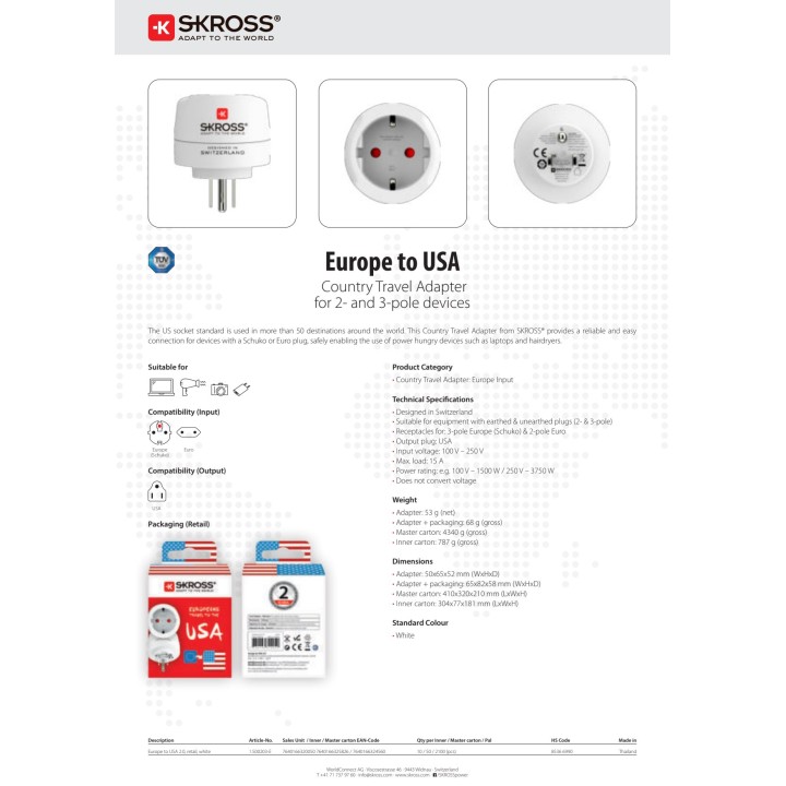 SKROSS Potovalni adapter iz Evrope v ZDA 1500203-E 40904