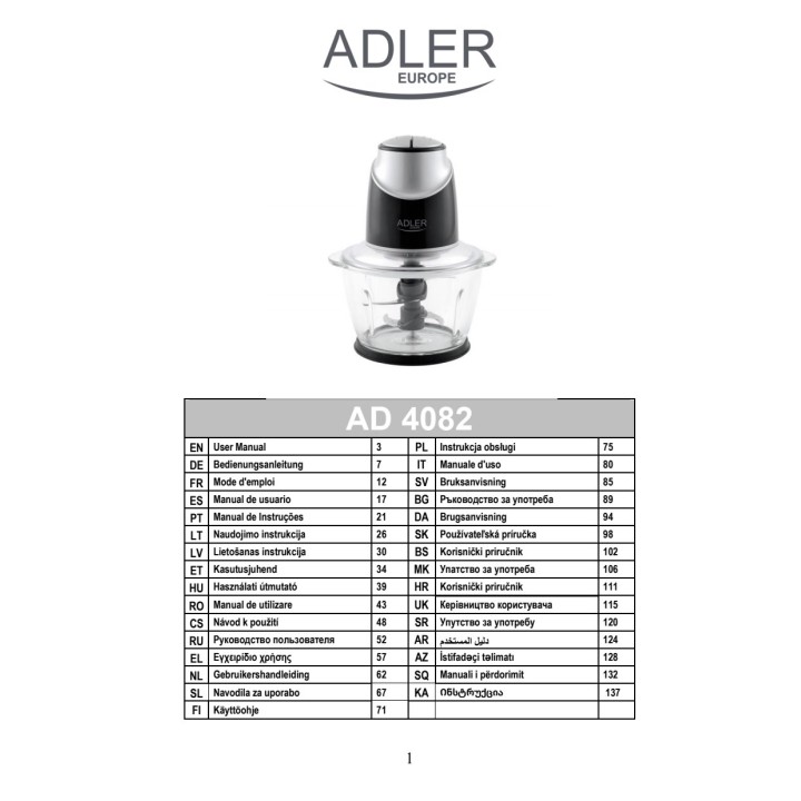 ADLER Tritatutto elettrico con recipiente in vetro AD4082