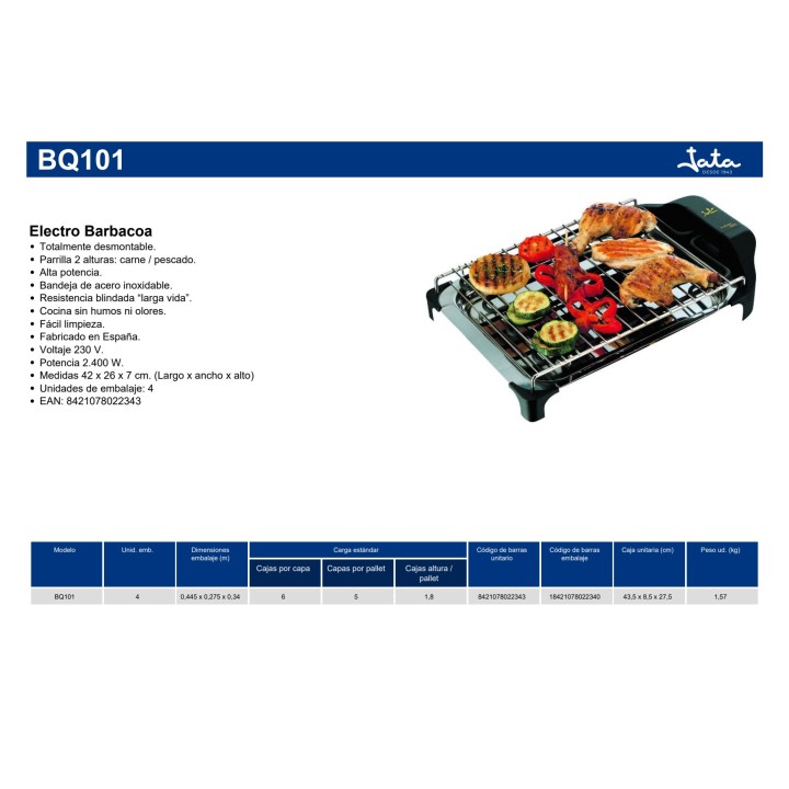 JATA Grătar electric din oțel inoxidabil, demontabil 2400 W