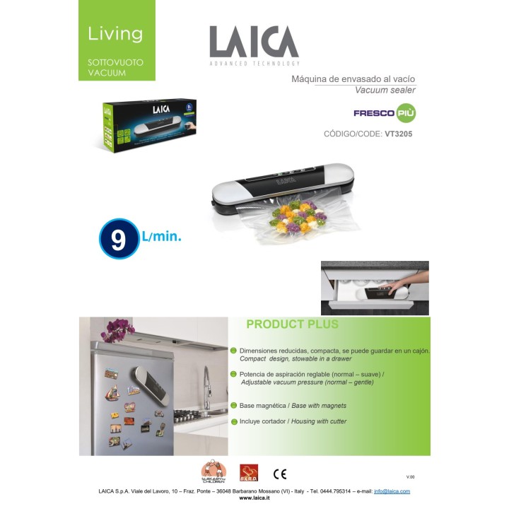 LAICA Envasadora al vacío compacta con función manual VT3205 9 L/MIN 76697