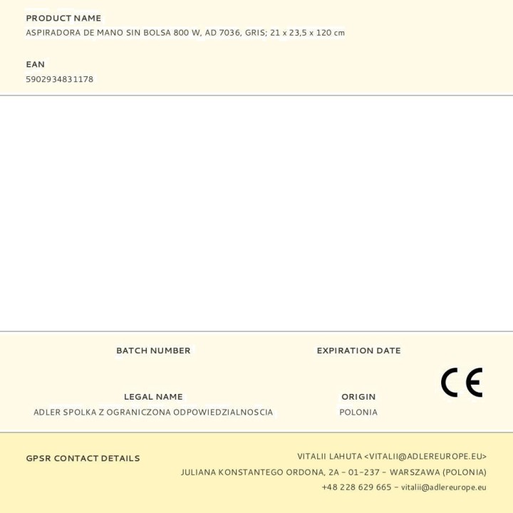 ADLER Tyčový vysavač s kabelem bez sáčku AD7036 800 W 07358