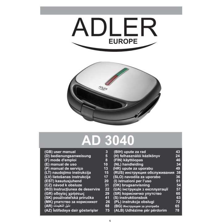 ADLER Sandwichera multifunción 5 en 1 con placas