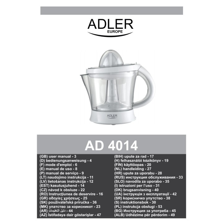 ADLER Exprimidor eléctrico con 2 conos AD4014 60 W 1 L 07175