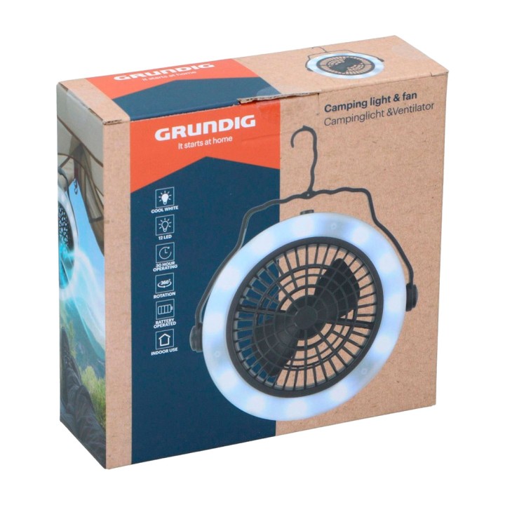 GRUNDIG Portable battery-powered fan with LED light and hook