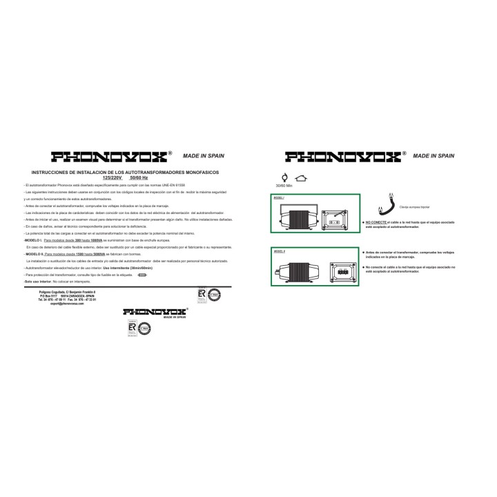 PHONOVOX Autotransformador reversible de tensión 2000 VA 1400 W 110-220V 31713