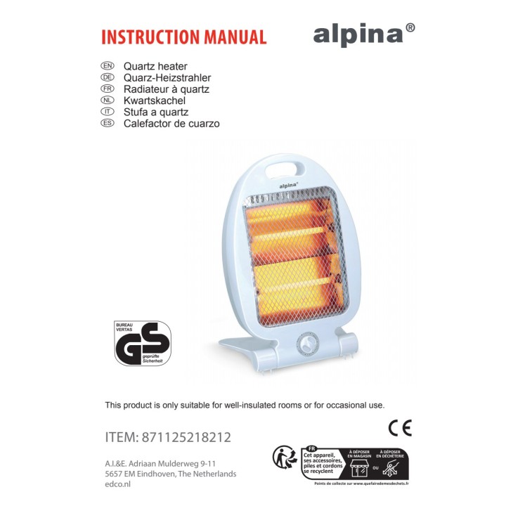 ALPINA Estufa de cuarzo de 2 barras con antivuelco 400/800W 24X6X38CM 07569
