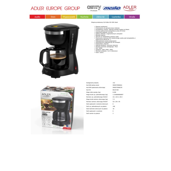 ADLER Cafetera de goteo con jarra de cristal AD4381 600 W 6-TAZAS 57085