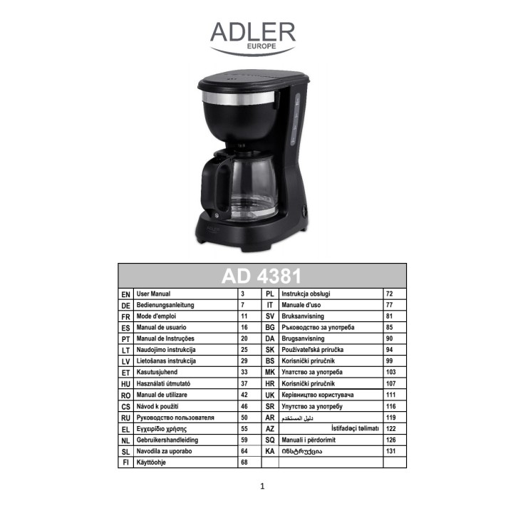 ADLER Tippakahvinkeitin lasikannulla AD4381 600 W 6-TAZAS