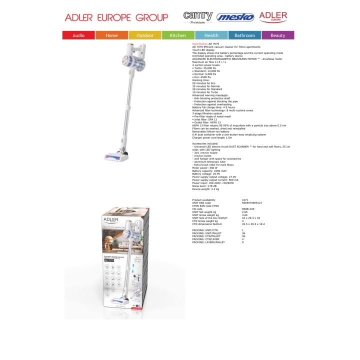 ADLER Bezdrôtový tyčový vysávač pre domáce zvieratá AD7079