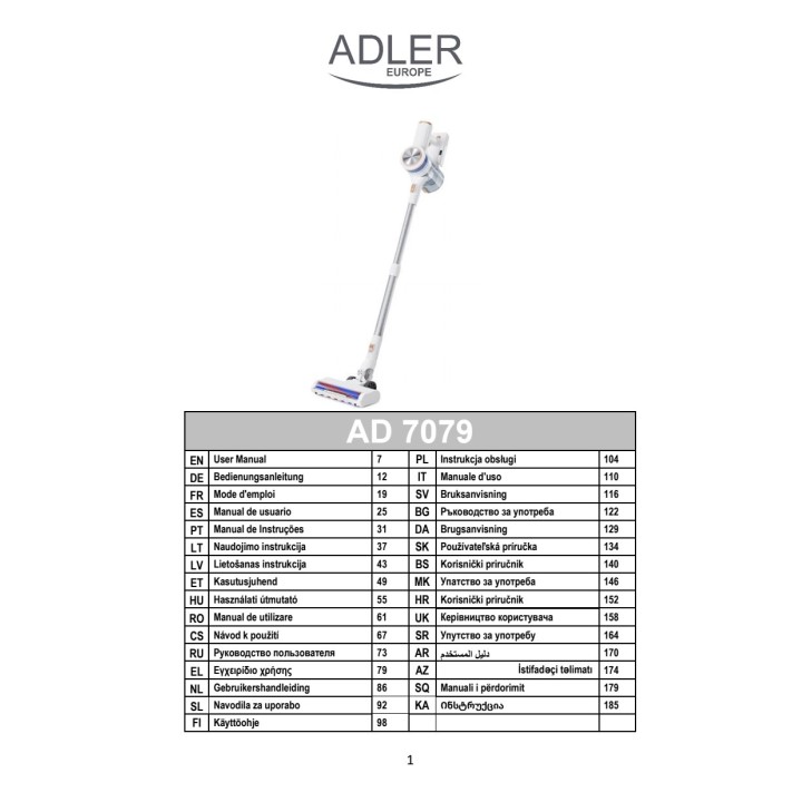 ADLER Cordless stick vacuum cleaner for pets AD7079 300 W 25