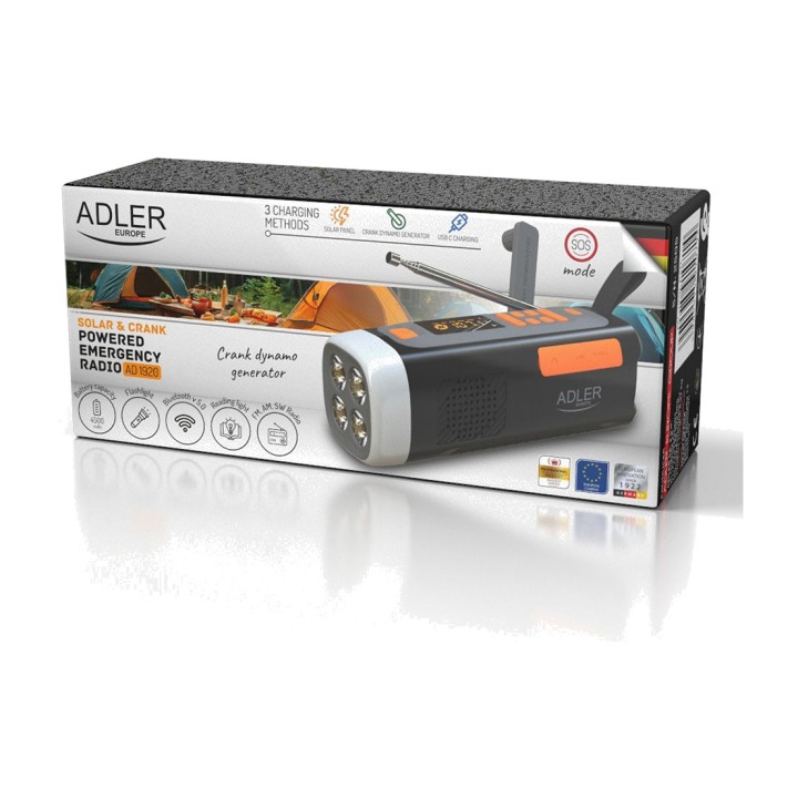 ADLER Radio d’urgence solaire avec manivelle, lampe torche