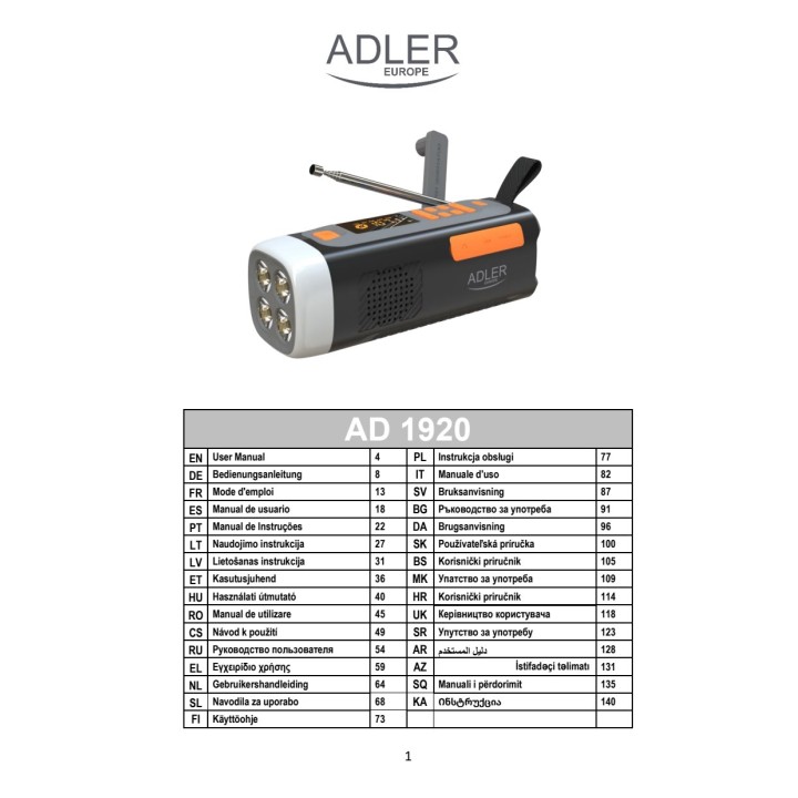 ADLER Solar-Notfallradio mit Handkurbel, Taschenlampe und