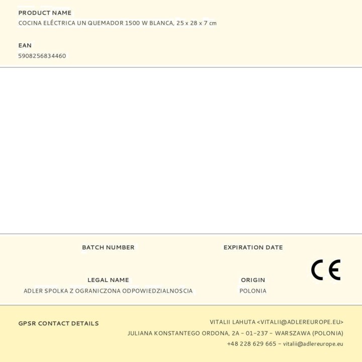 ADLER Elektrisk komfur med 1 blus 1500 W 25X28X7CM 78864