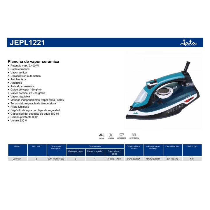 JATA Steam iron with ceramic soleplate and automatic