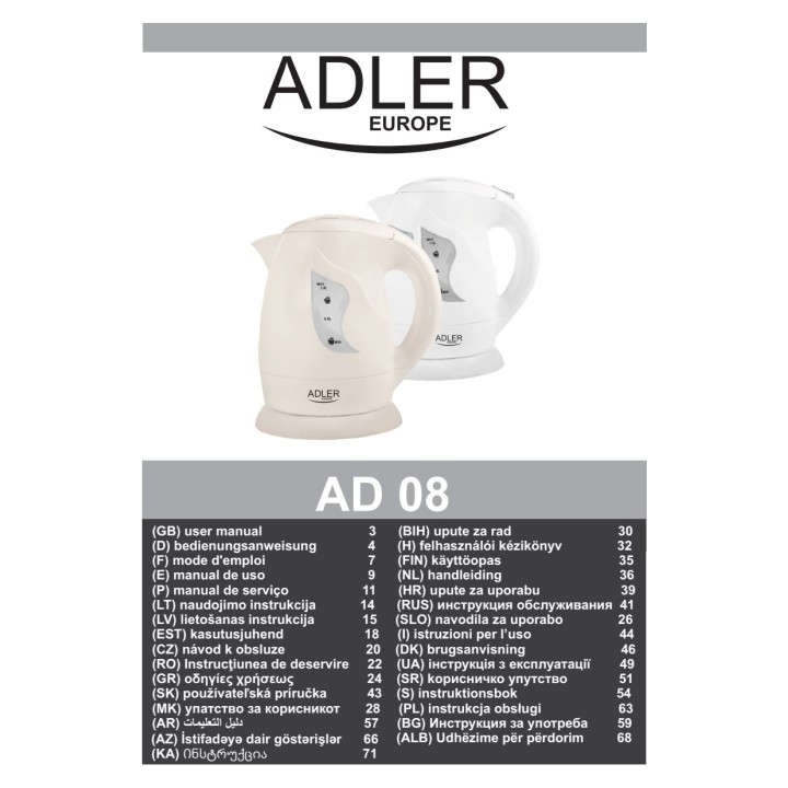 ADLER Elektrischer Wasserkocher AD08 850 W 1 L 07171