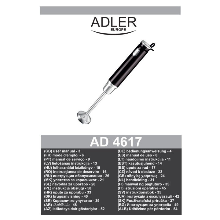 ADLER Batidora de mano silenciosa con pie desmontable AD4617 500 W 57082